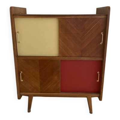Buffet 4 portes coulissantes, bois et Formica vintage