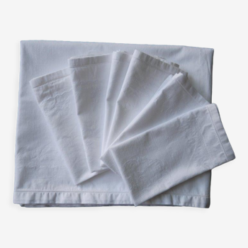 Nappe blanche en coton damassé avec ses 6 serviettes