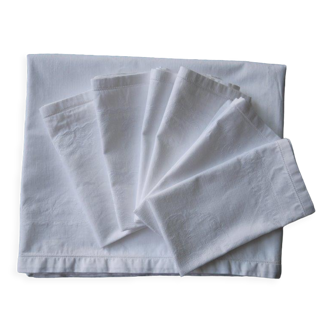 Nappe blanche en coton damassé avec ses 6 serviettes
