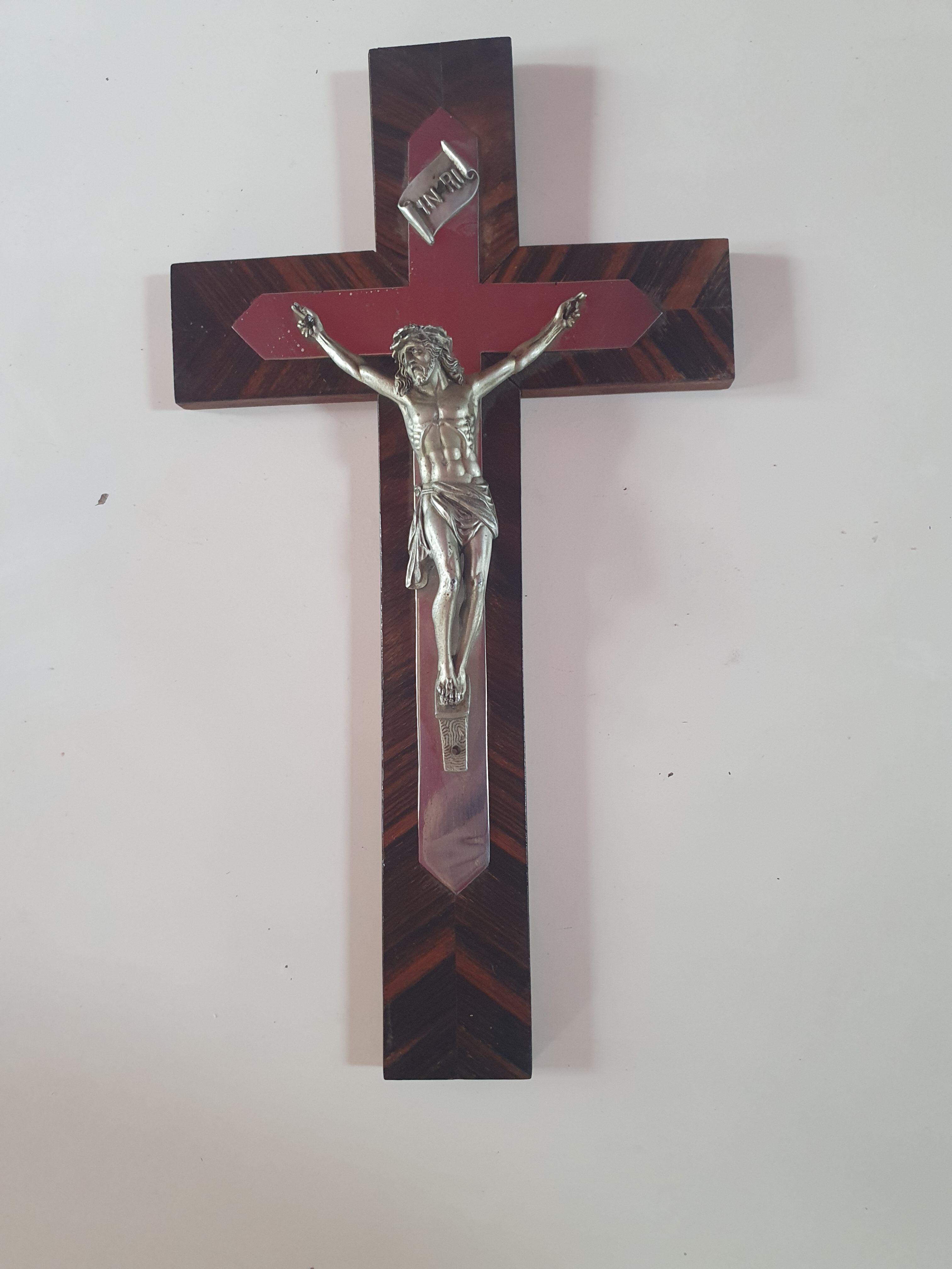 Cross crucifix in wood and metal silver 36 cm on19cm vintage old from the 60s 70s