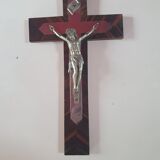 Cross crucifix in wood and metal silver 36 cm on19cm vintage old from the 60s 70s