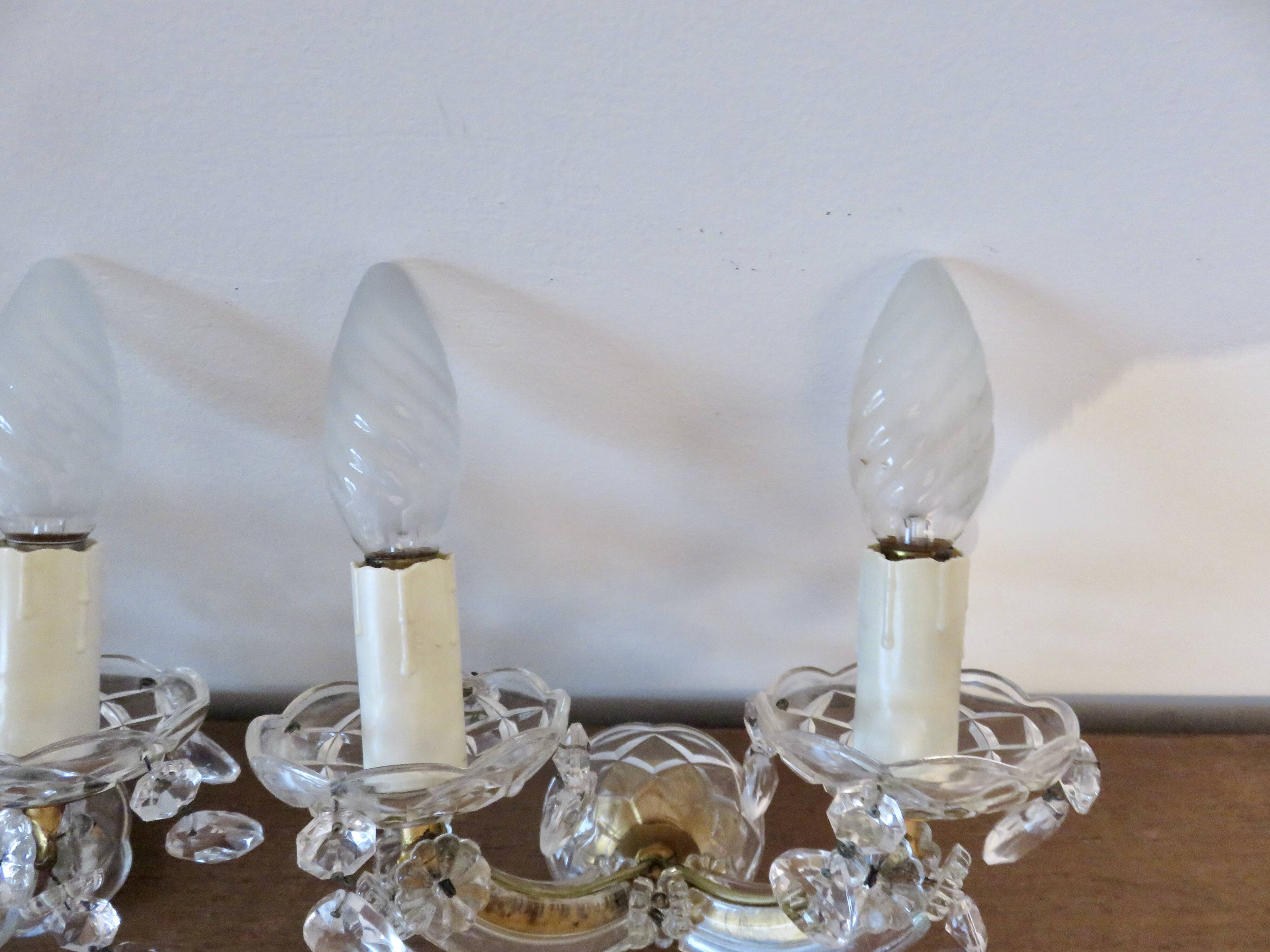 pair of double wall sconces with crystal pendants, made in Italy