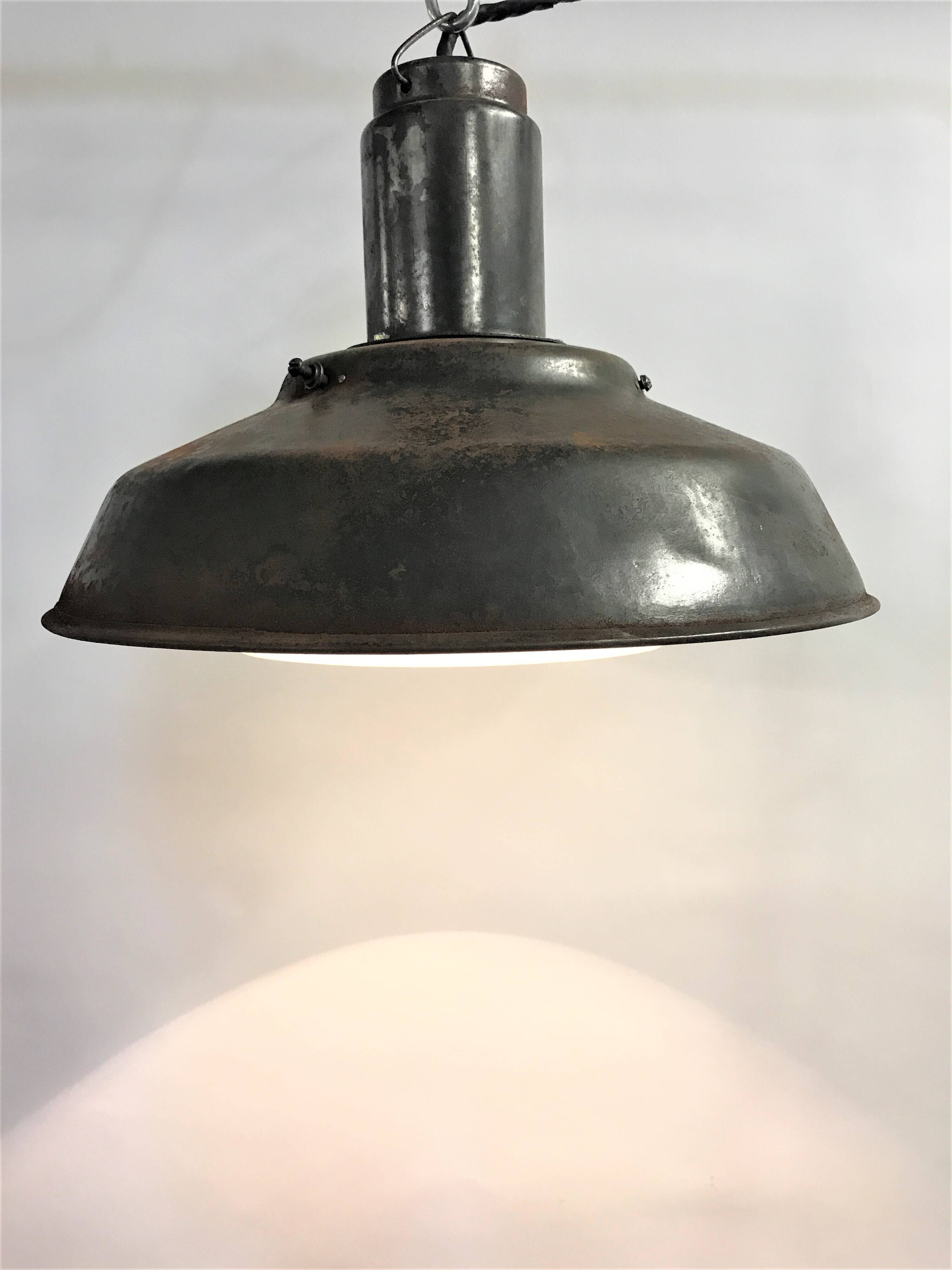 Vintae industrial pendant light with an opaline lamp shade, 1960s