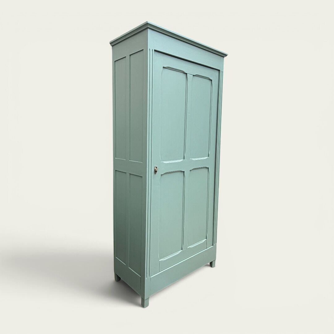 Antique Parisian wardrobe in grey-green solid pine.