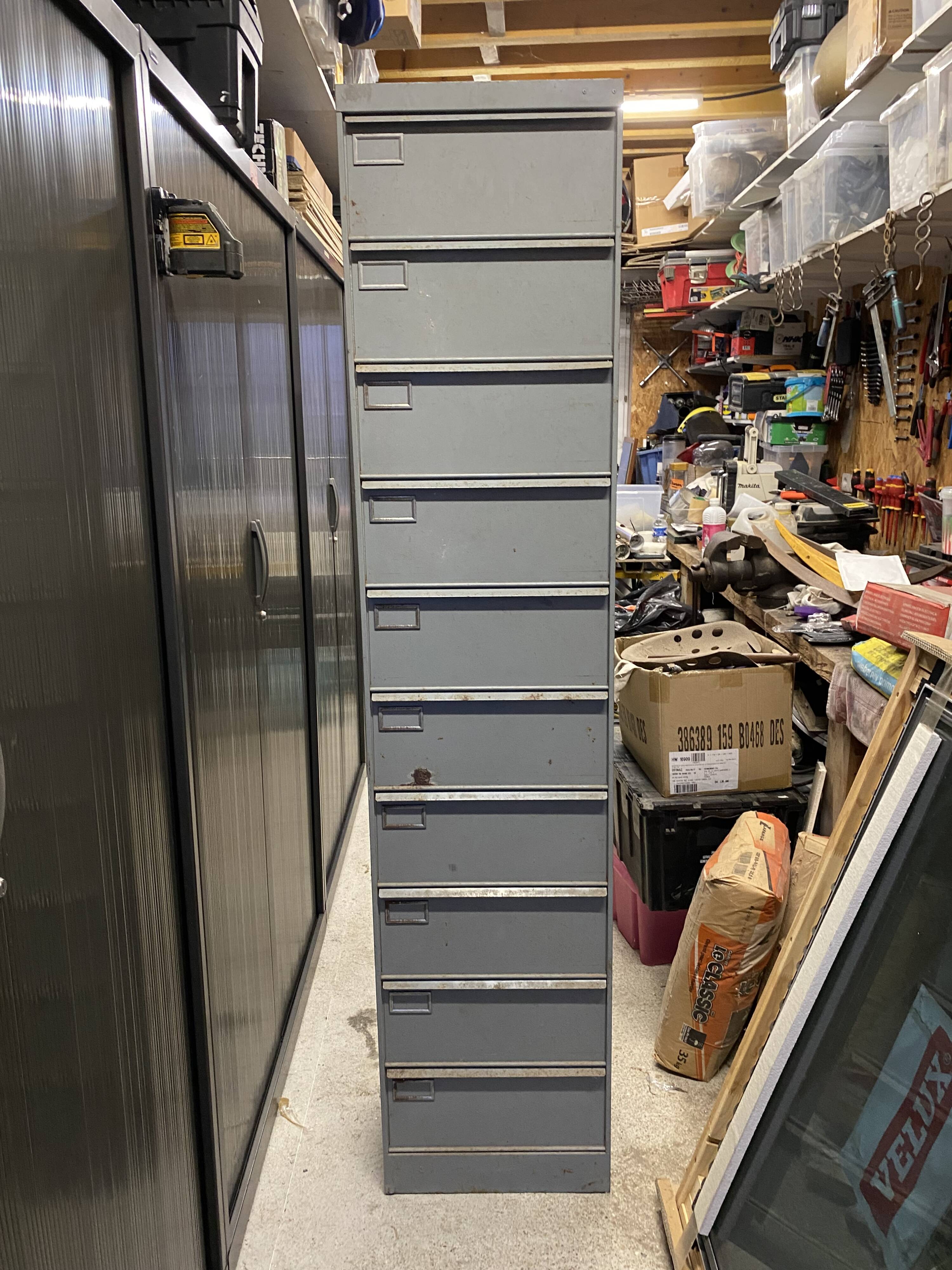 Industrial metal workshop desk storage unit with 10 flaps, 1950s.