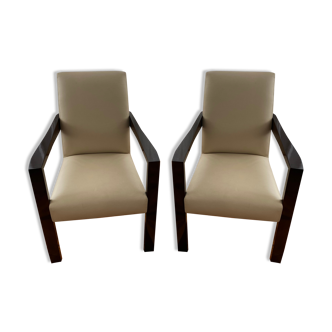 Set de 2 fauteuils Hugues Chevalier cuir beige clair