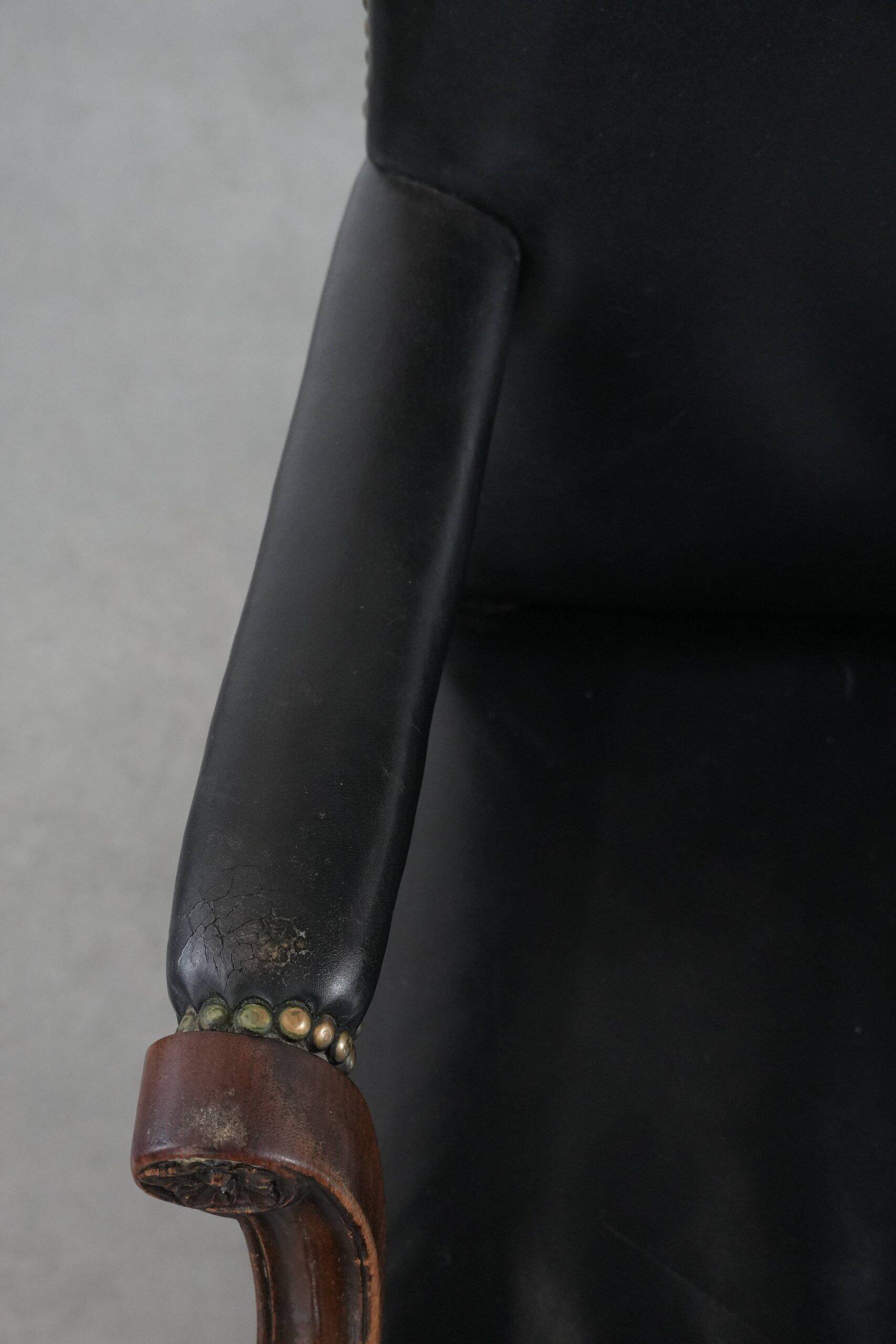 Wooden and black cow leather antique English Gainsborough side/desk/chair