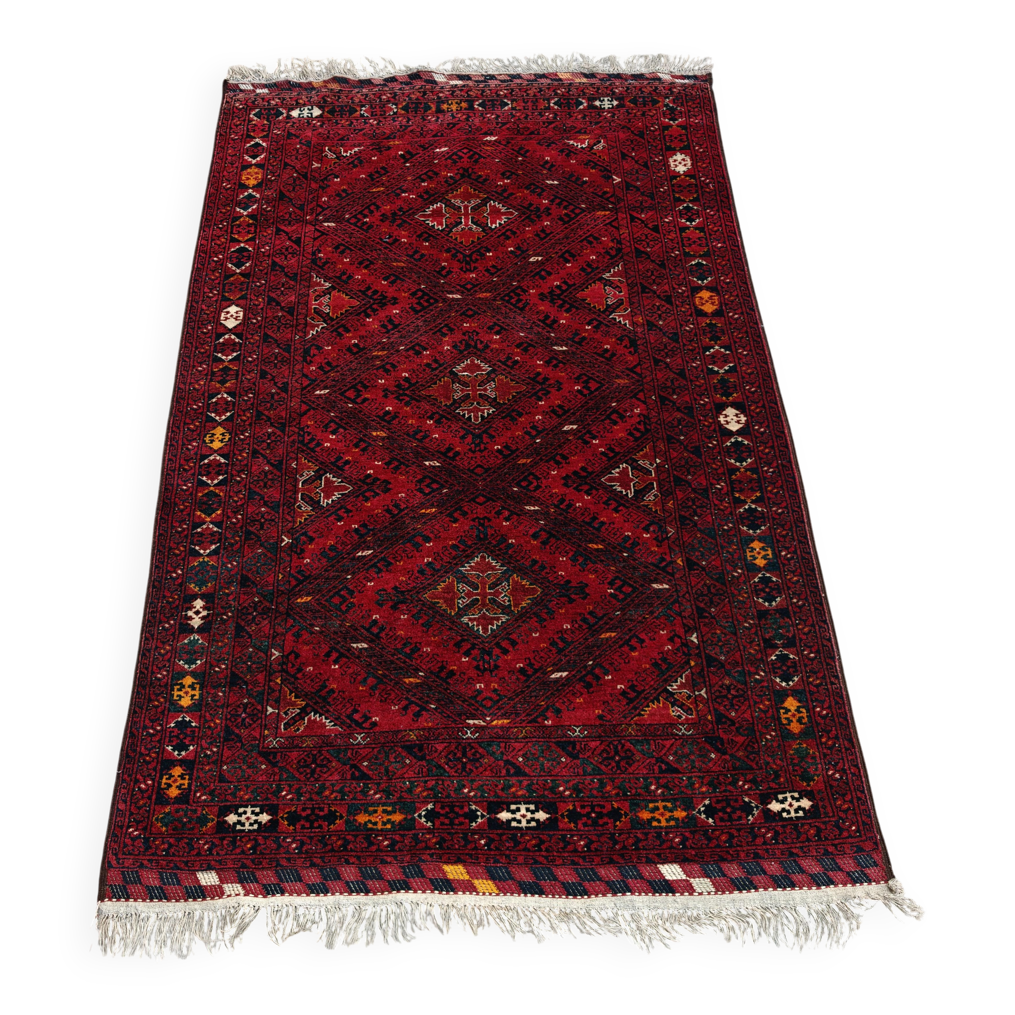 Vintage hand-knotted Kunduz rug, natural dyes, 1940s.