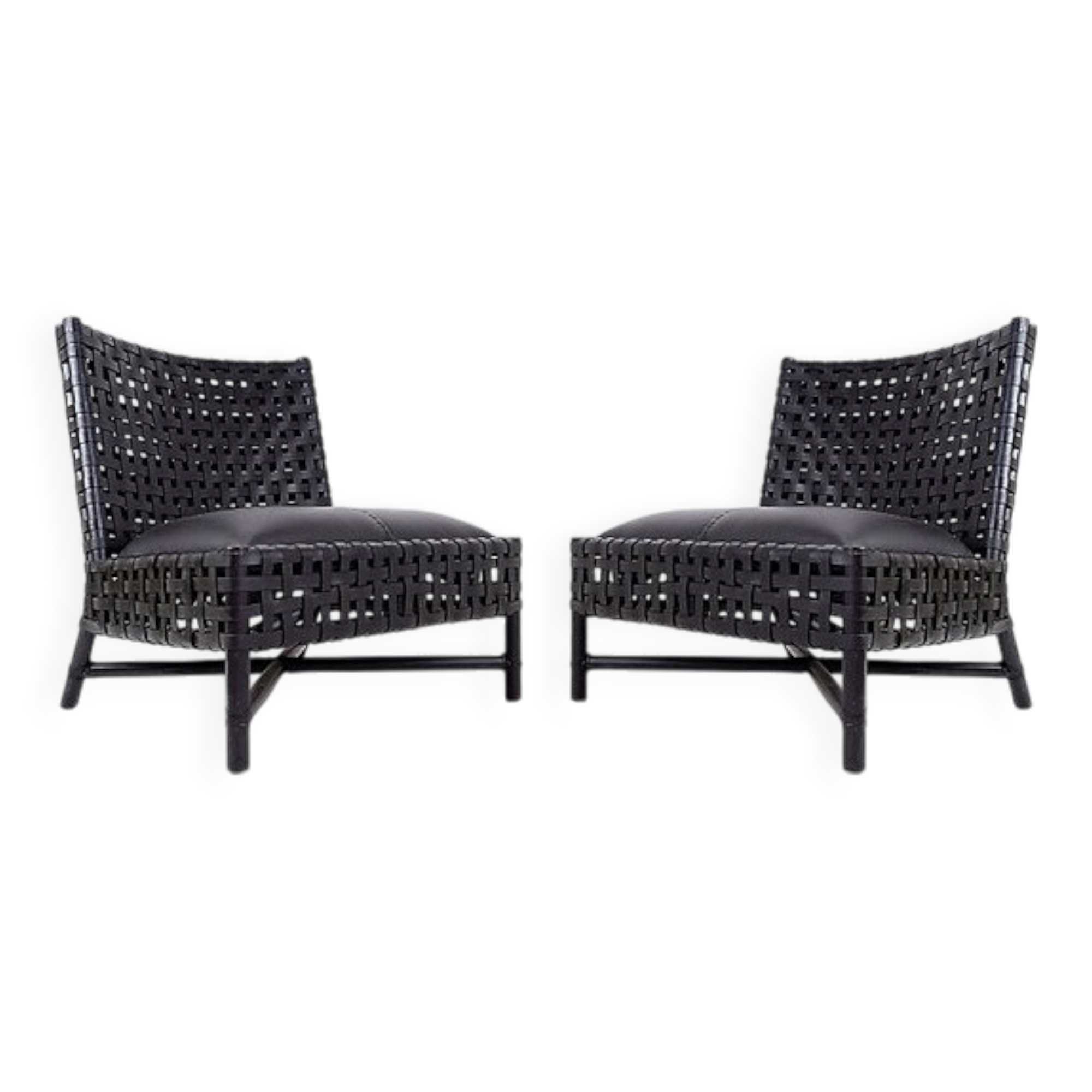 Pair of black woven leather lounge chairs