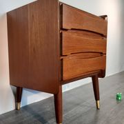 Norwegian bedside table with 3 drawers, teak and brass clogs