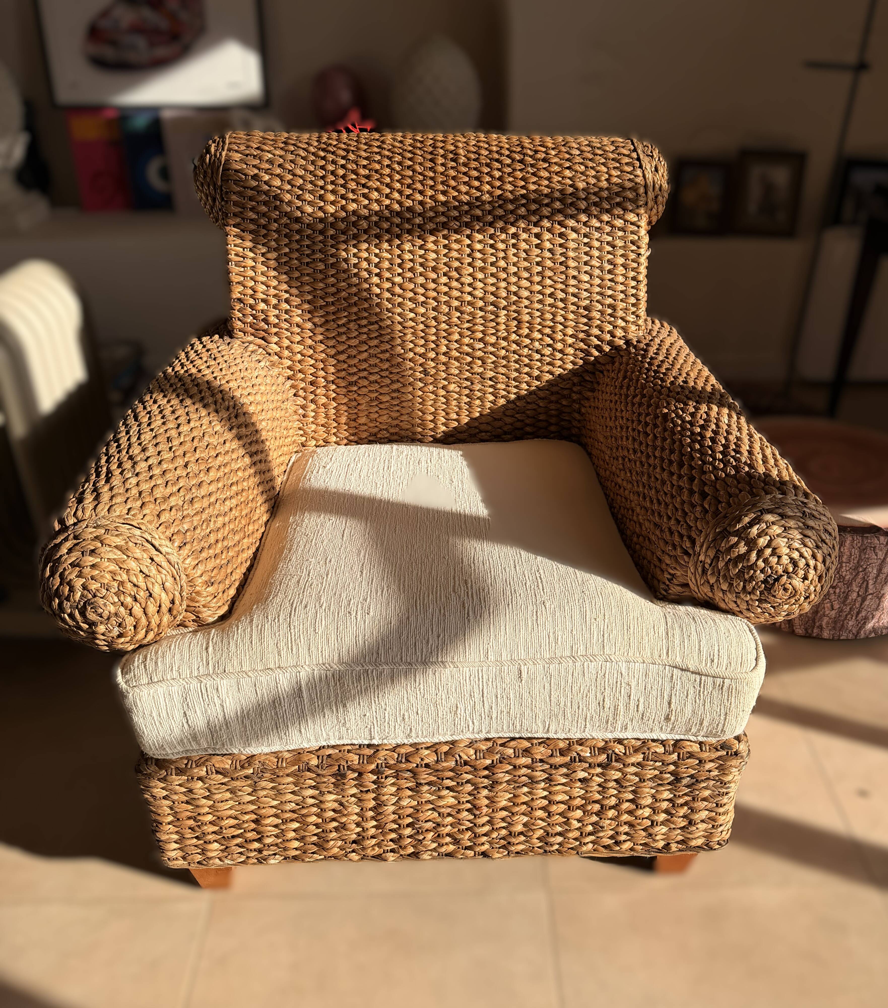 Fauteuil d’exception en jacinthe d’eau – coloris antique – pièce rare