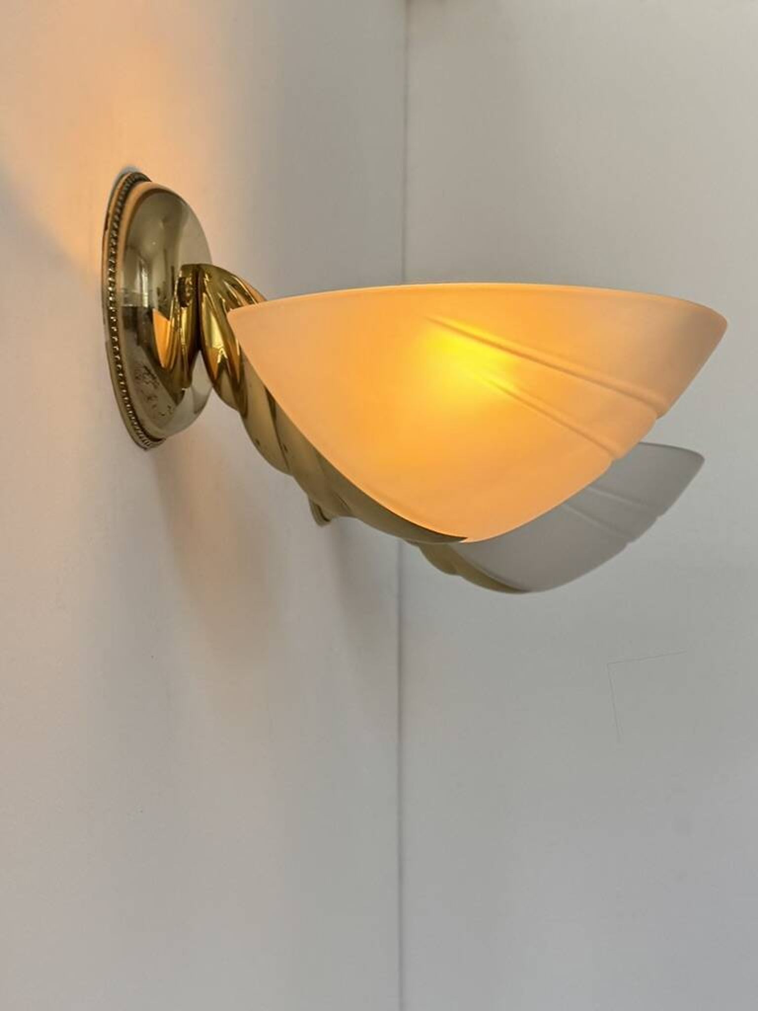 Pair of vintage brass and frosted glass wall lights, Italy 1970.