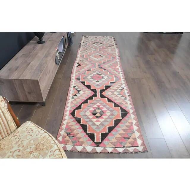 1970s Turkish Oushak Handmade Wool Cotton Pink Runner Rug 93x358