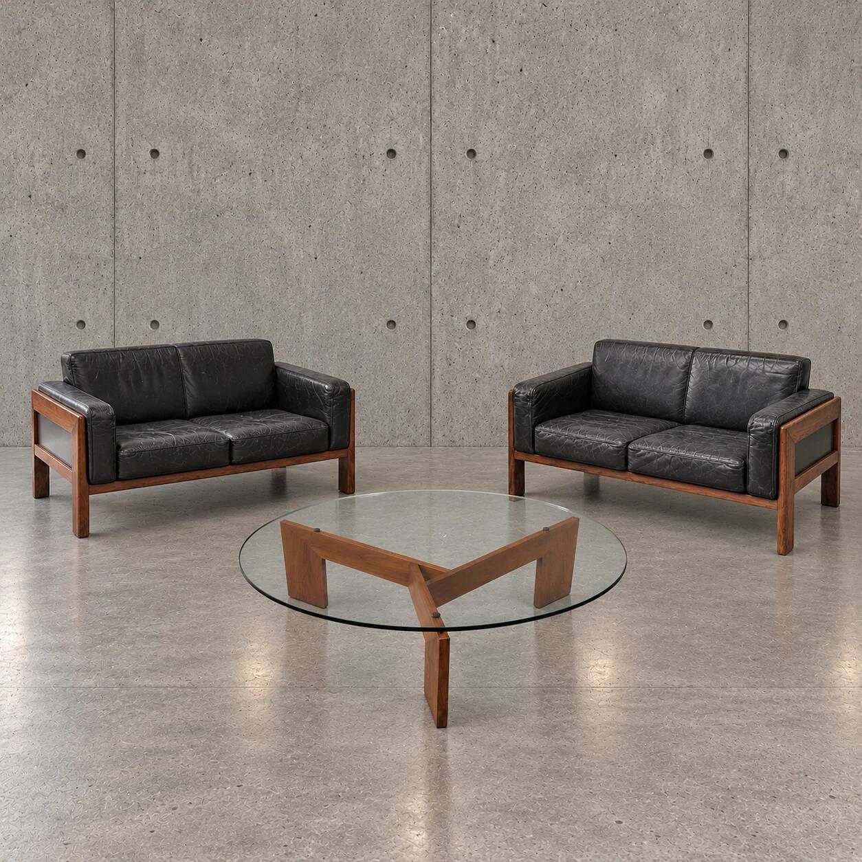 2 x canapé en rosewood italien des années 60 en cuir noir Bastiano par Afra Tobia Scarpa / Knoll / Gavina / années 1960
