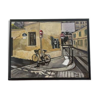 Le vélo, acrylique sur toile, signée Barrie Walker