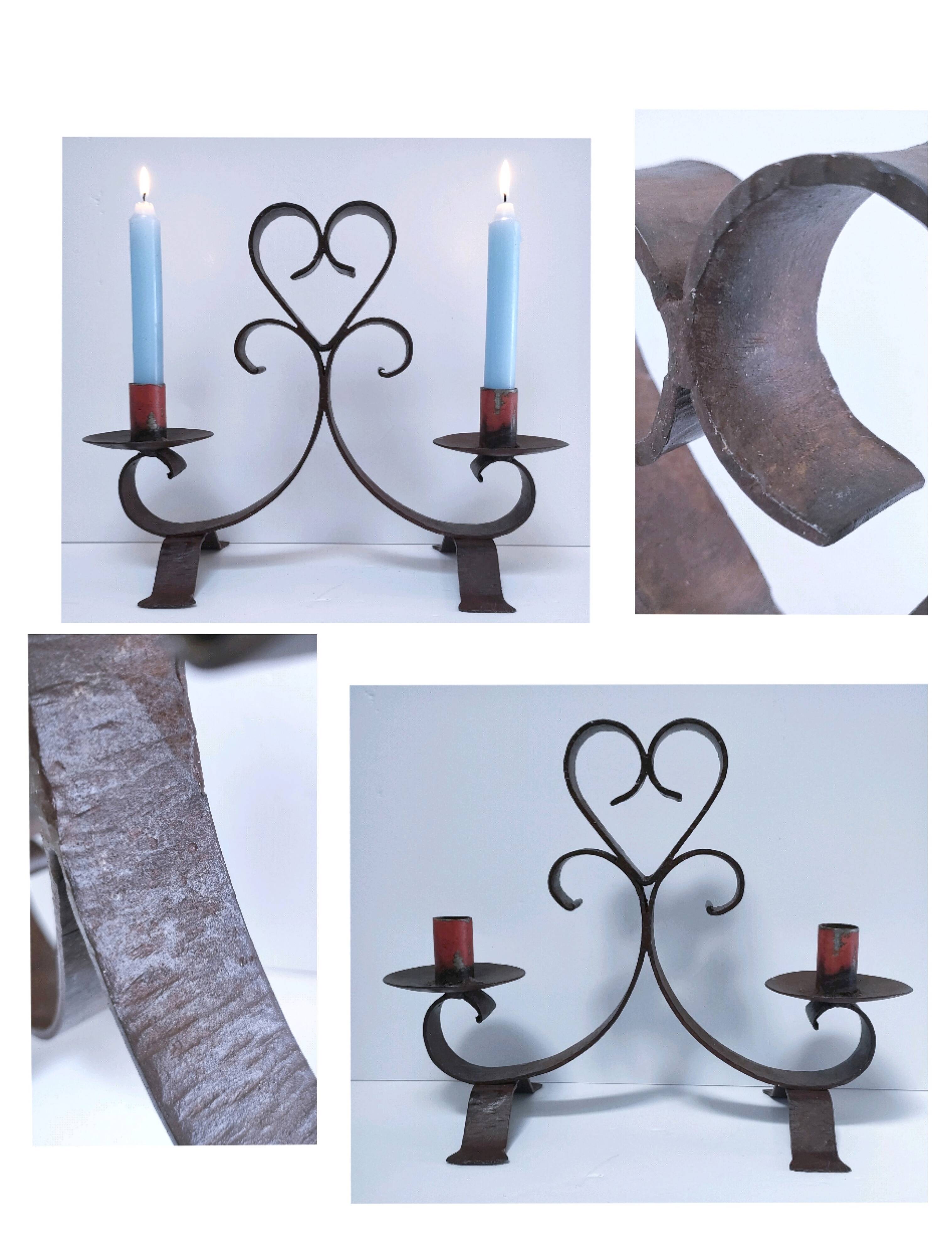 Patinated wrought iron candle holder heart pattern two lights