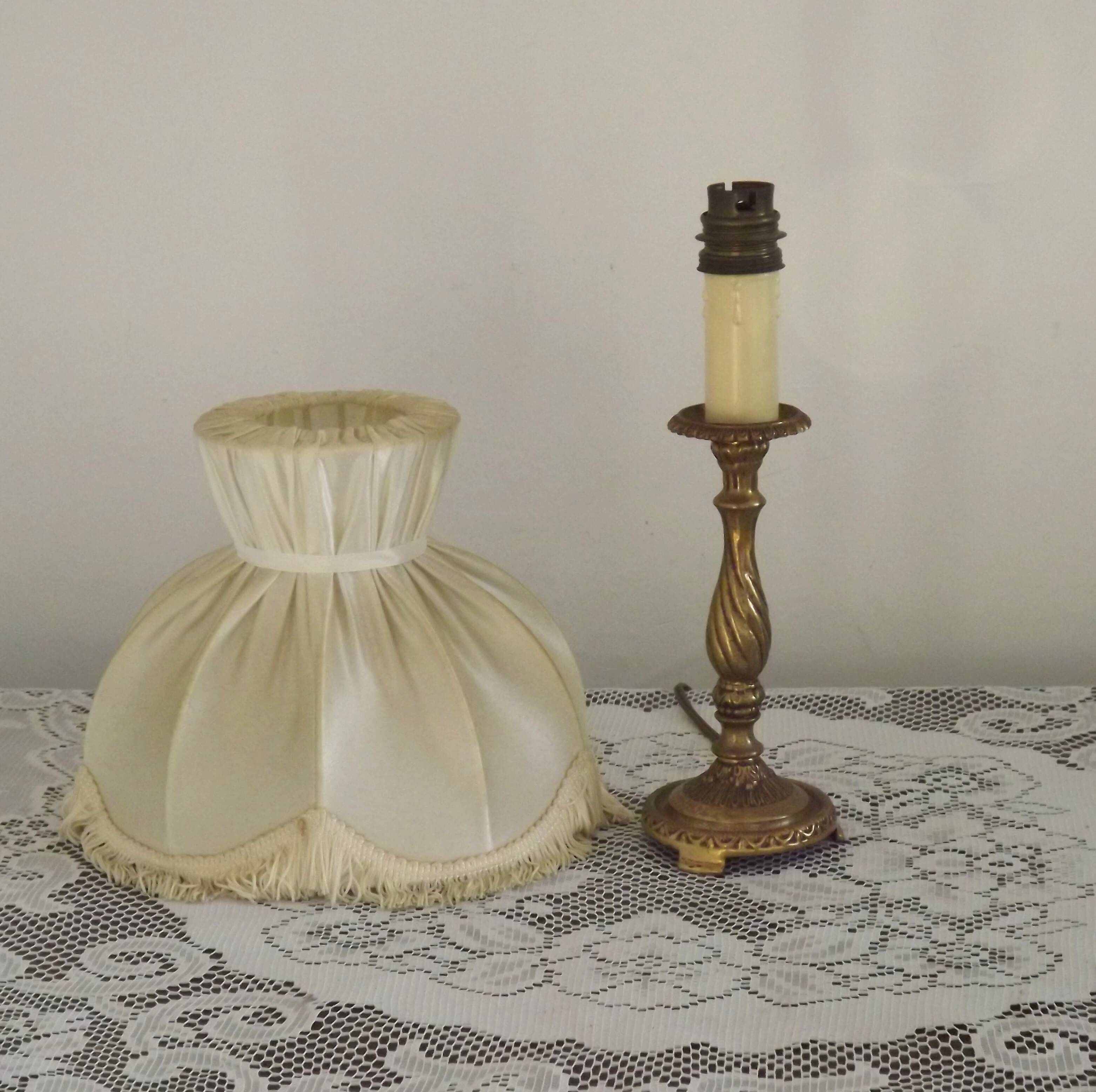 French Vintage Brass Table Lamp With Cream Fringed Shade 5567