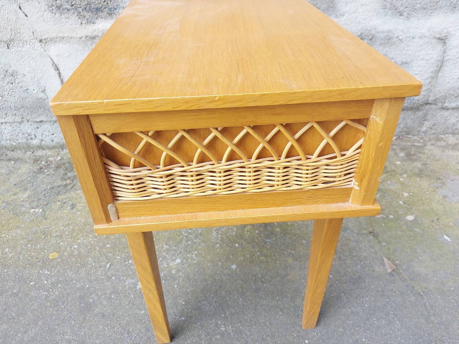 Vintage wood and rattan bedside table