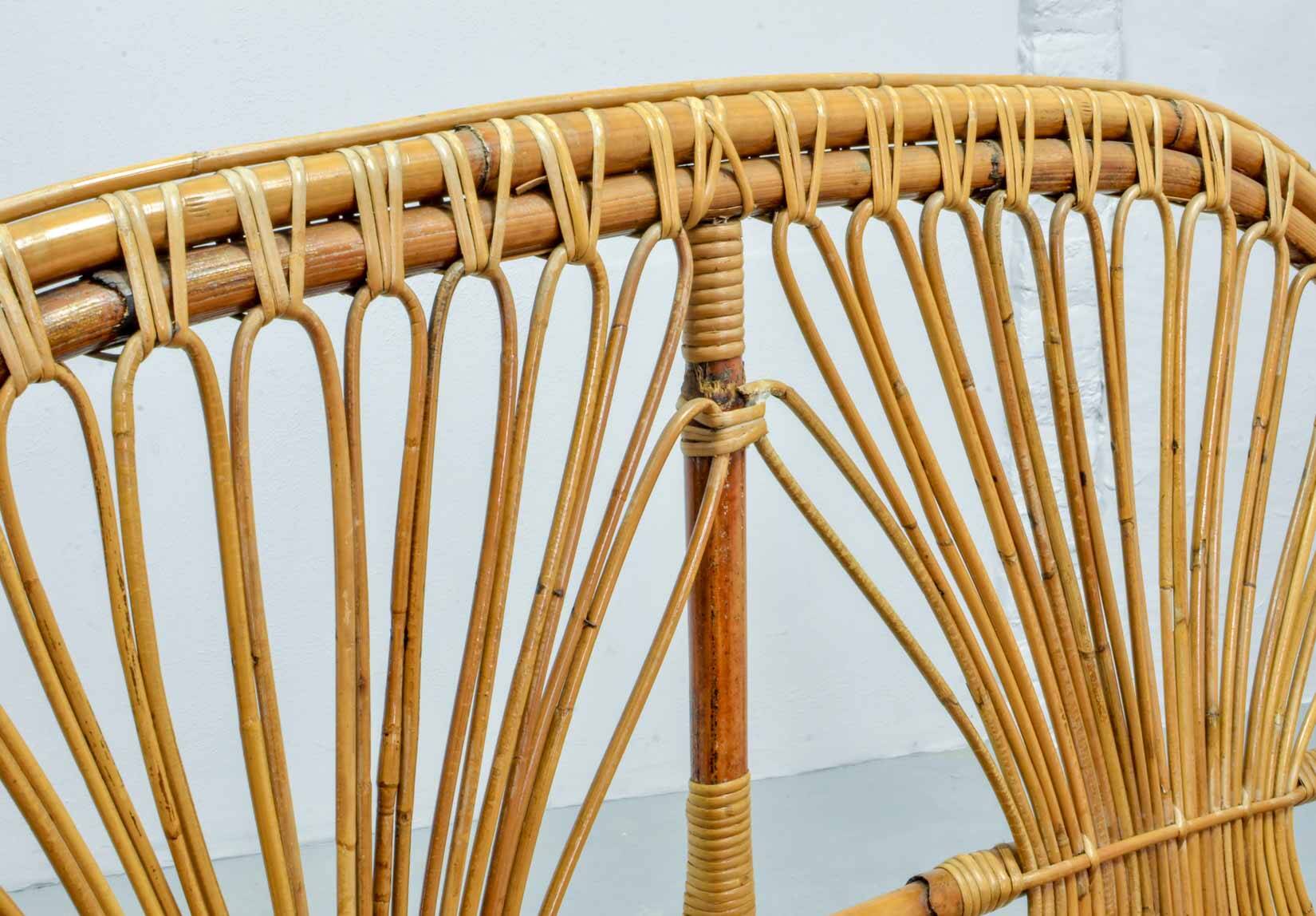 Elegant Rohé Style Vintage Design Rattan Bamboo Two-Seat Patio Sofa, 1950s.