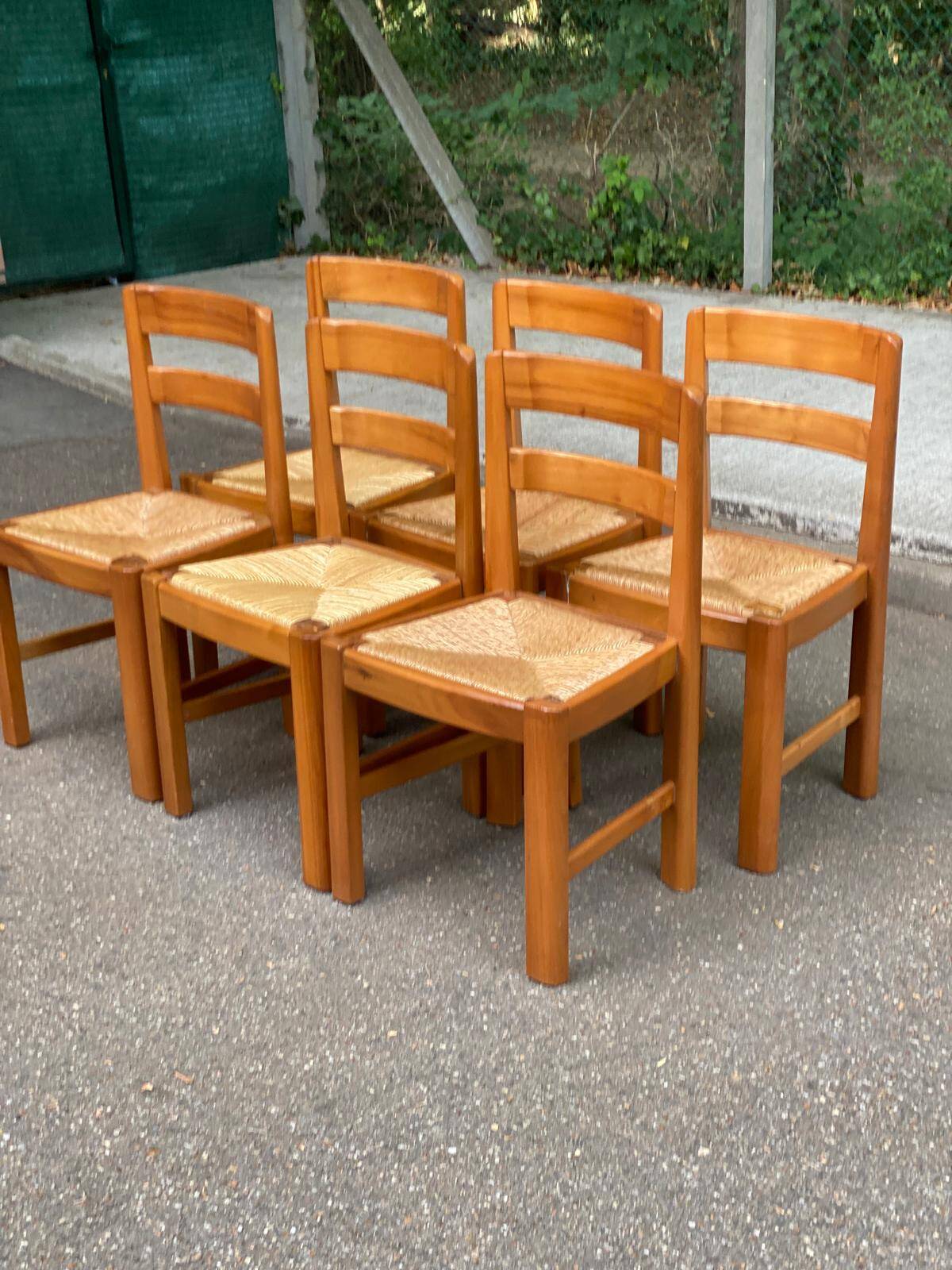 6 chaises brutalistes Maison Regain orme massif paillées années 80