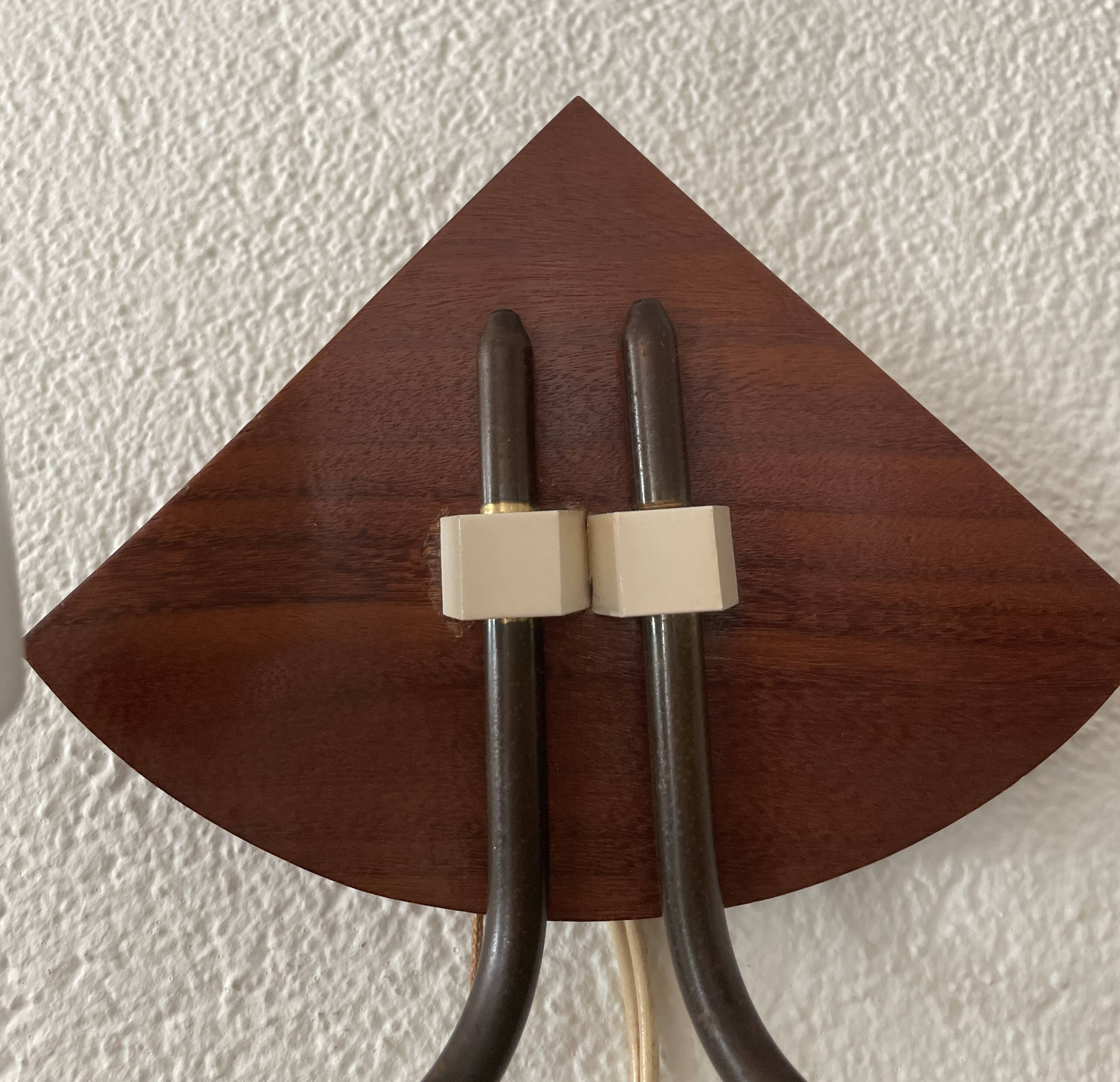 Art deco opaline, wood and brass 2 armed wall light