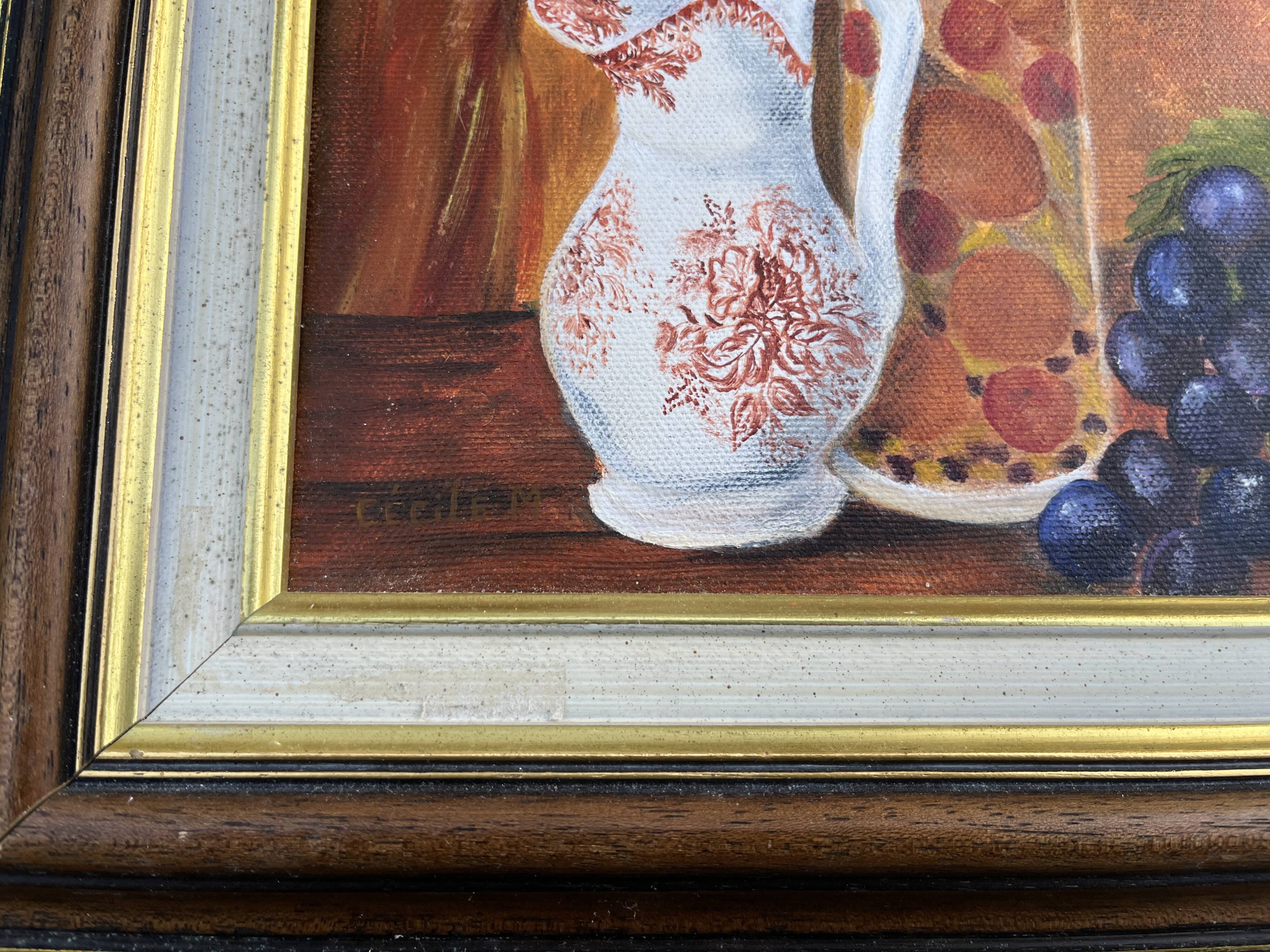 Still life with jam jar, flowered jug and grapes – Signed oil
