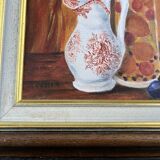 Still life with jam jar, flowered jug and grapes – Signed oil