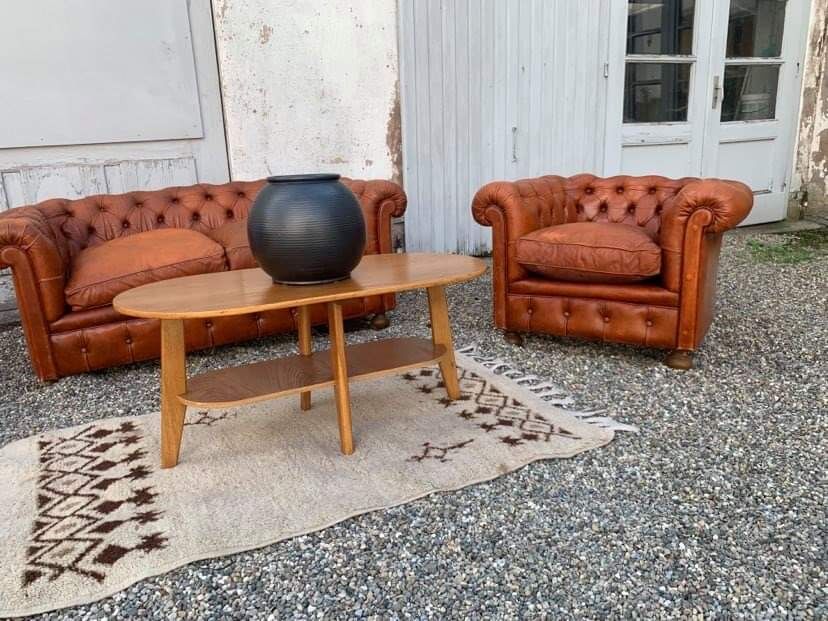 Salon canape and 2 chesterfield armchairs in vintage cognac leather from the 1970s