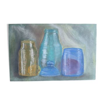 Dessin aux pastels bocaux et bouteilles