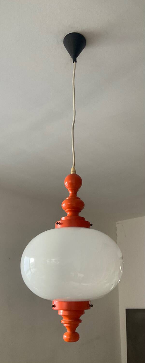 Space Age pendant light in opaline and wood