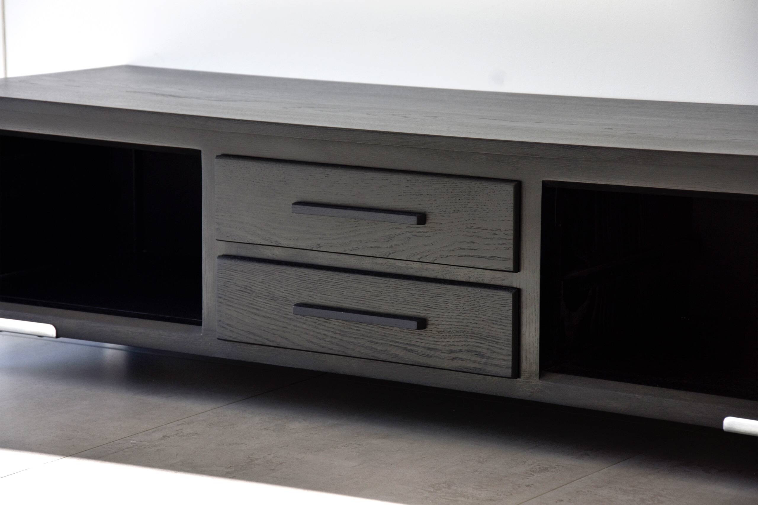 Wood and metal TV unit, solid oak, TV sideboard.