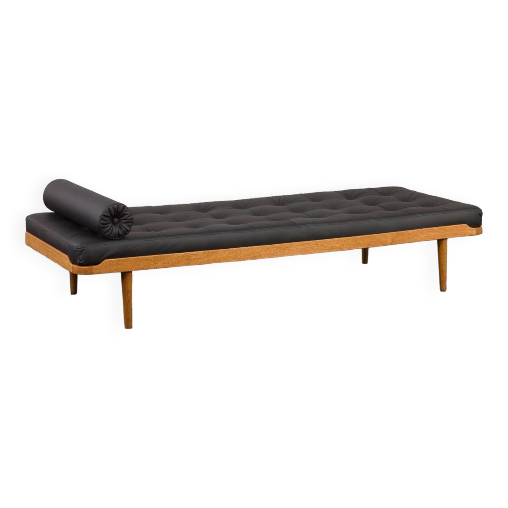 Danish mid century solid oak daybed in black leather, 1960s