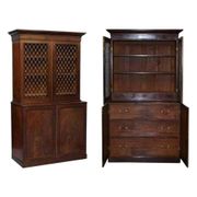 19th-century hardwood library with bronze metal doors and a chest of drawers.