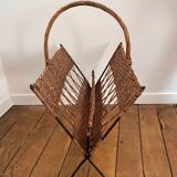 Large vintage 1960s magazine rack in rattan and black steel