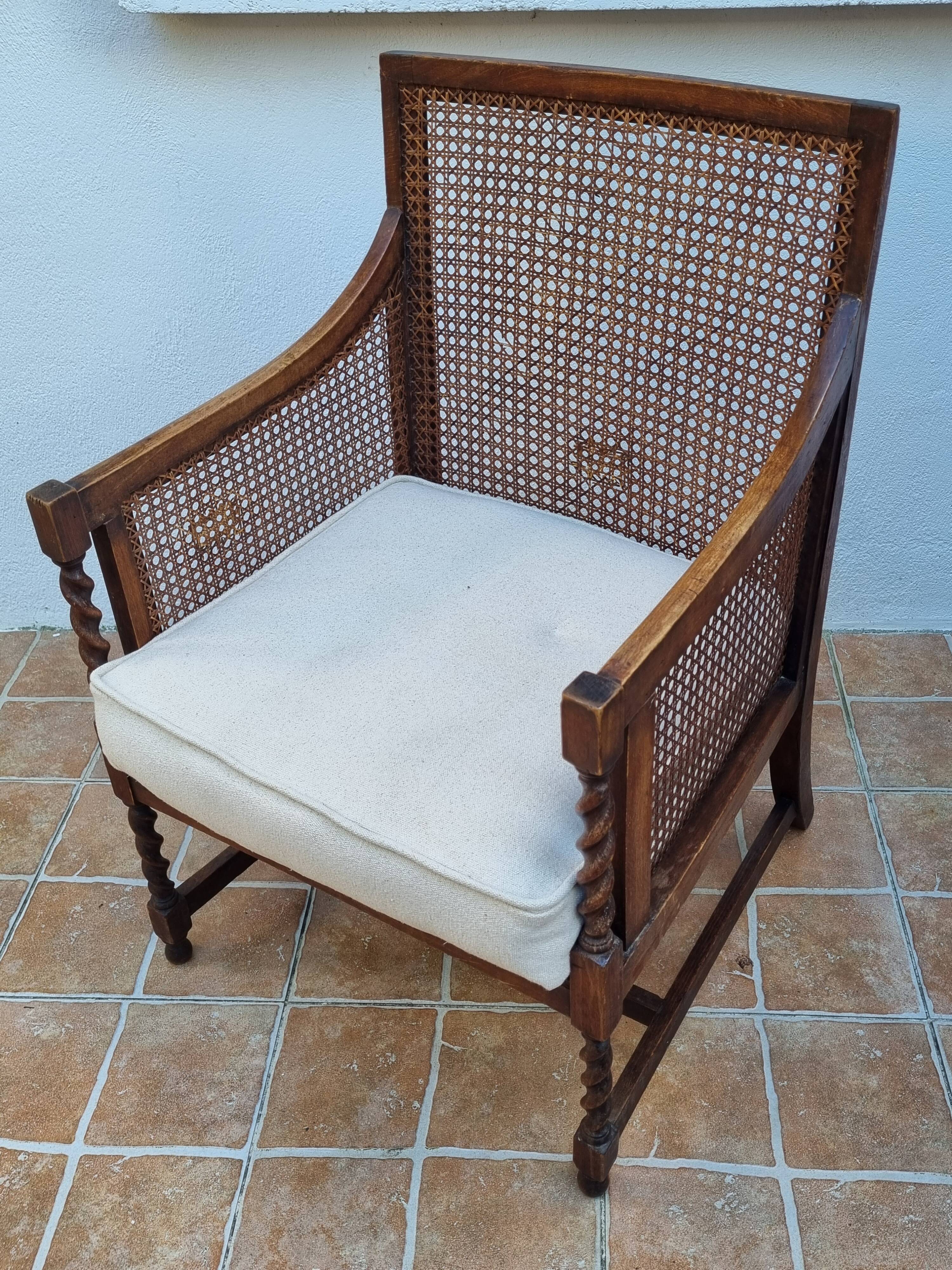 Vintage armchair in turned wood and cane, upholstered seat, 1940s