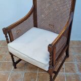 Vintage armchair in turned wood and cane, upholstered seat, 1940s
