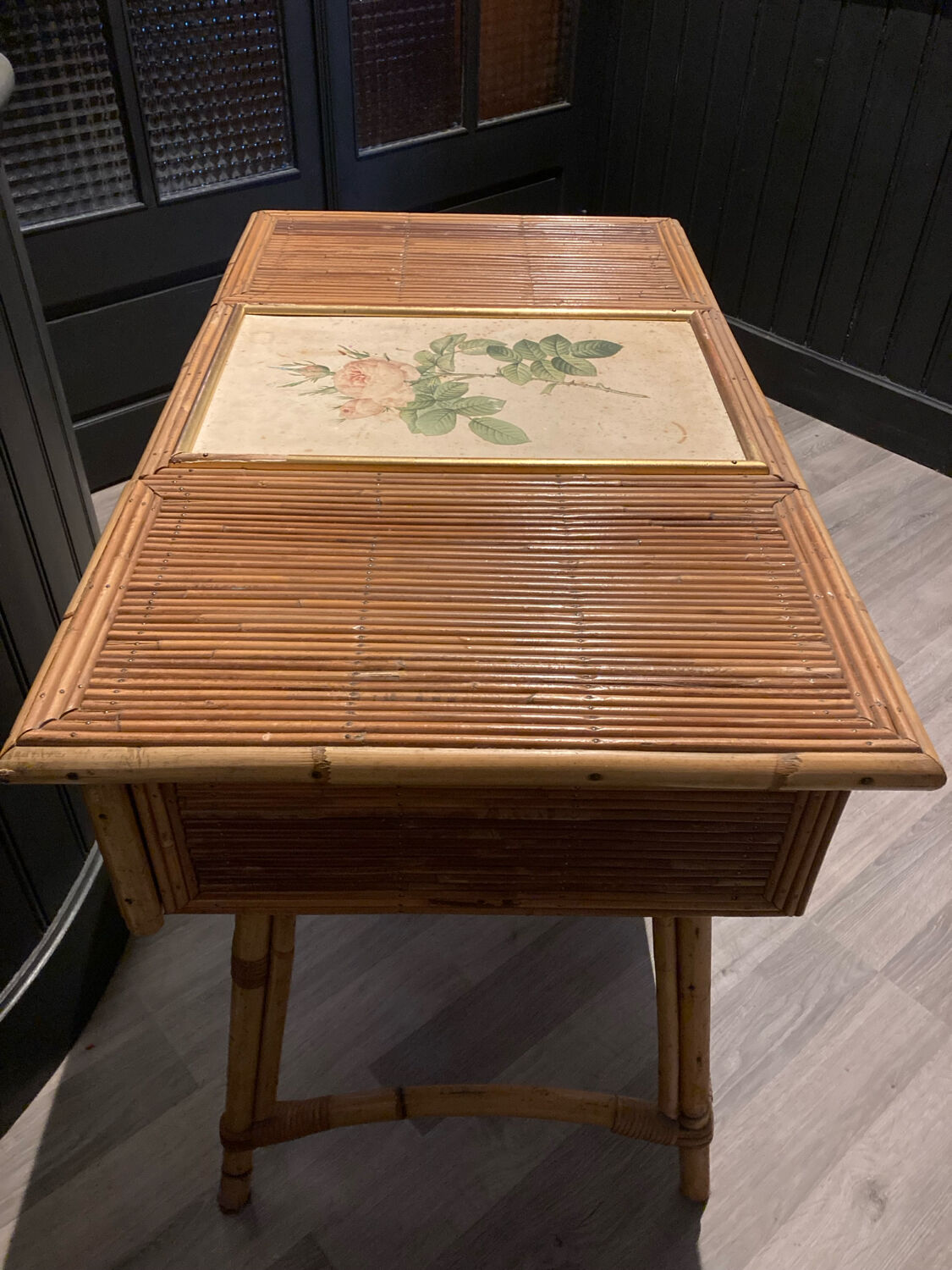 Hairdresser, vintage rattan desk, in the style of Audoux Minet.