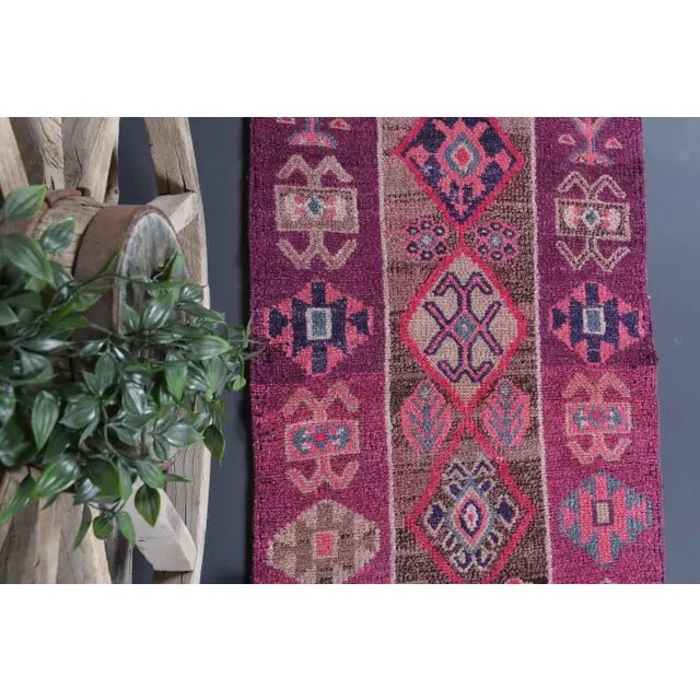 Vintage Turkish Oushak handmade wool cotton pink runner rug 79x342