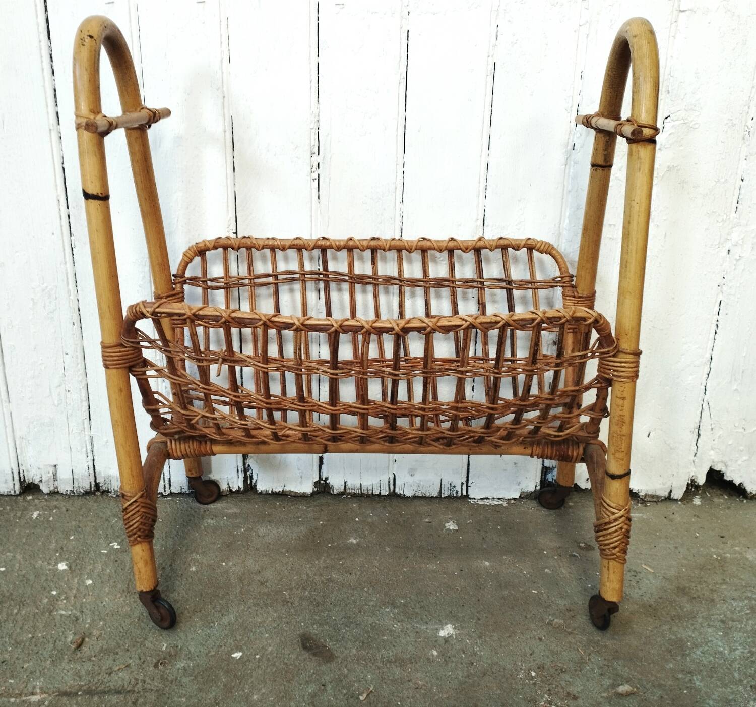 Vintage rattan and bamboo magazine rack