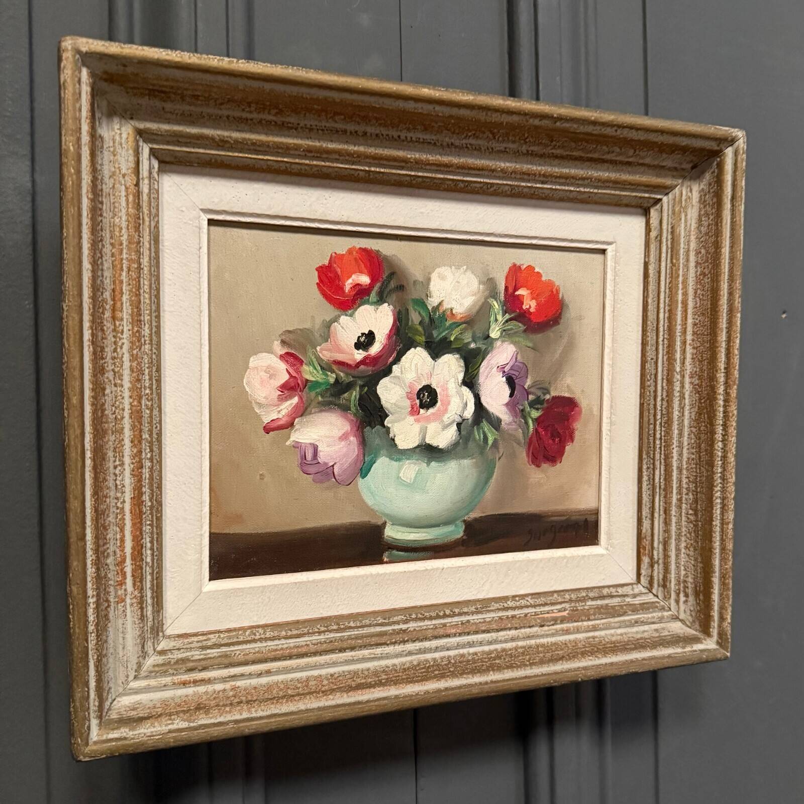 Oil on canvas still life bouquet of flowers 20th century