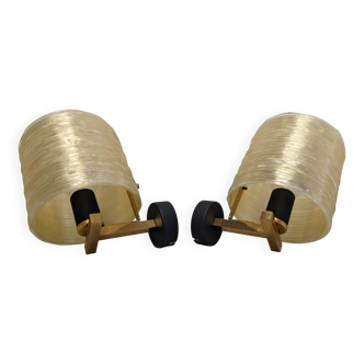 Pair of wall lights in mother-of-pearl and brass by Maison Arlus, France circa 1950.