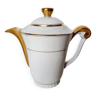 Fine porcelain coffee pot from Limoges France, gold details Art Deco style