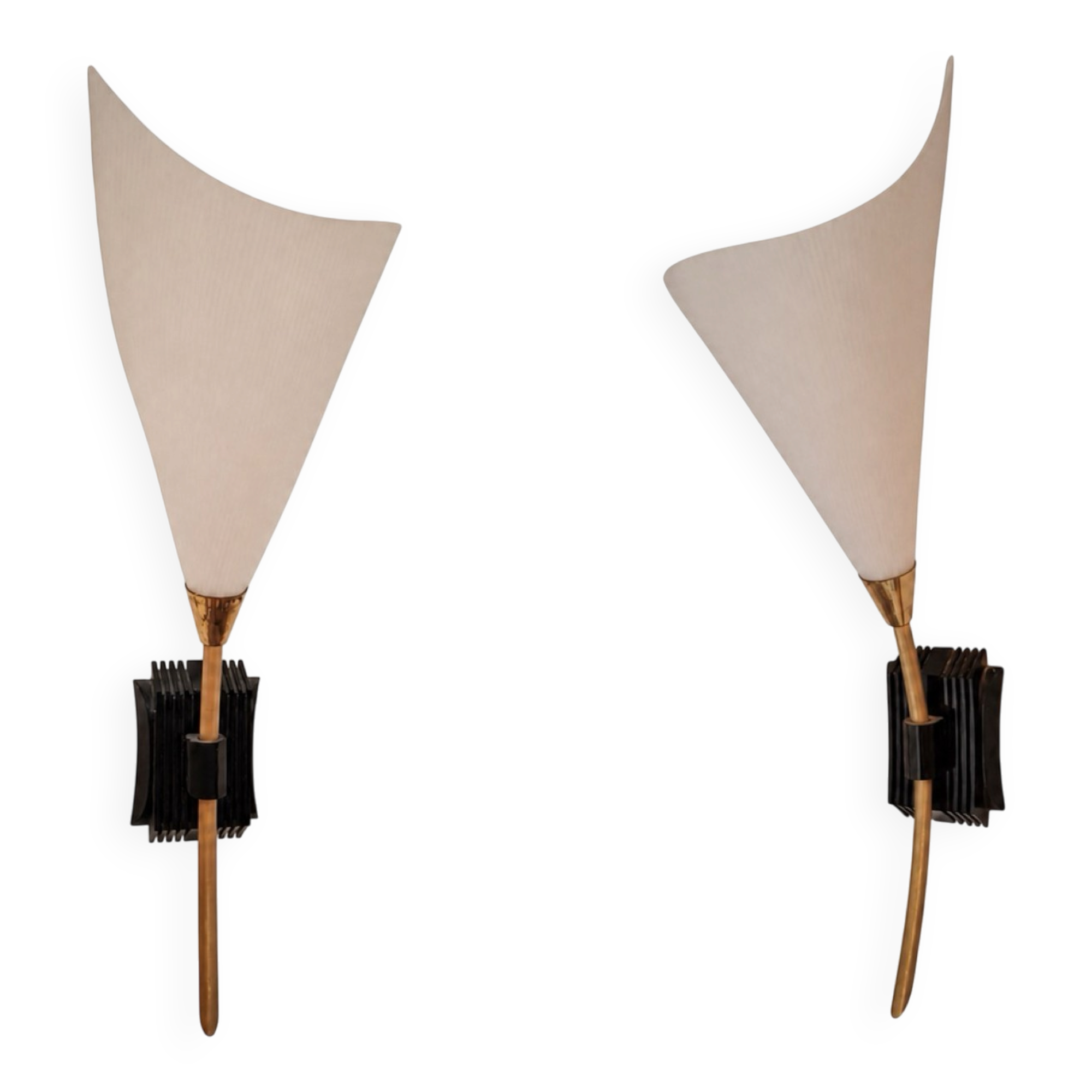 Pair of brass and frosted glass wall lights, vintage Mid-Century 1950s