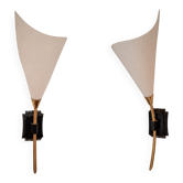 Paire d’appliques en laiton et verre satiné, vintage Mid-Century 1950s