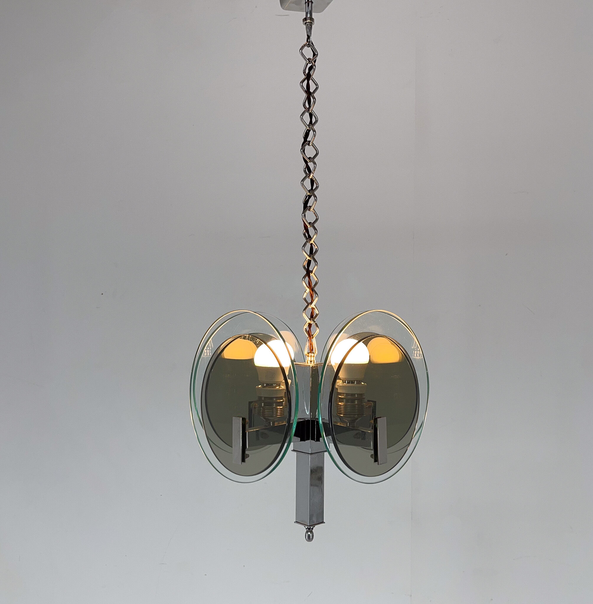 Unique art deco chrome & glass chandelier, 1920's