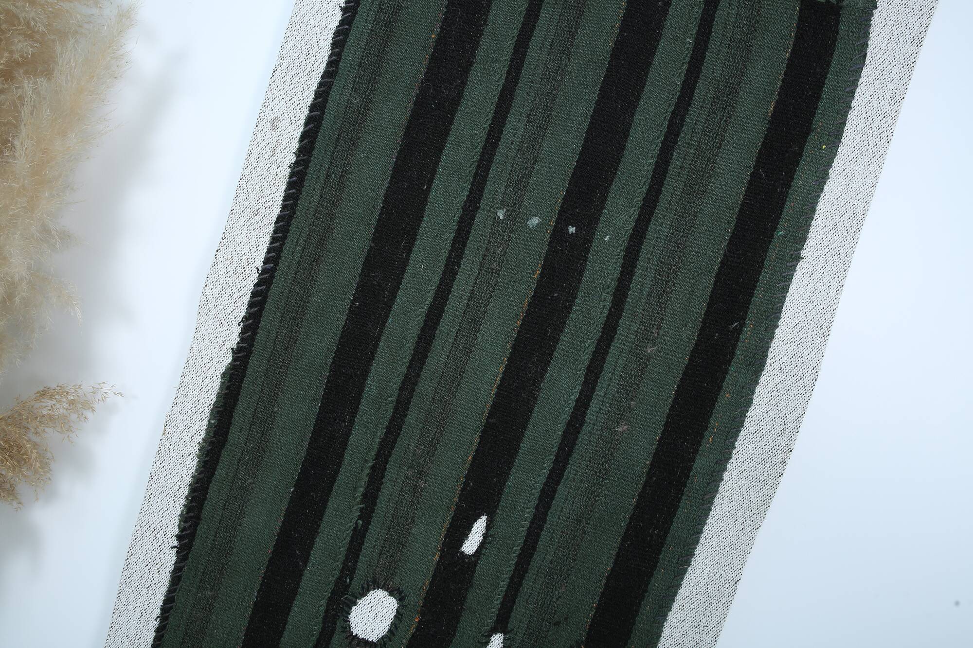 Turkish Green Black Striped Vintage Kilim Rug, 81x163Cm