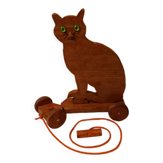 Wooden cat on wheels, pull toy