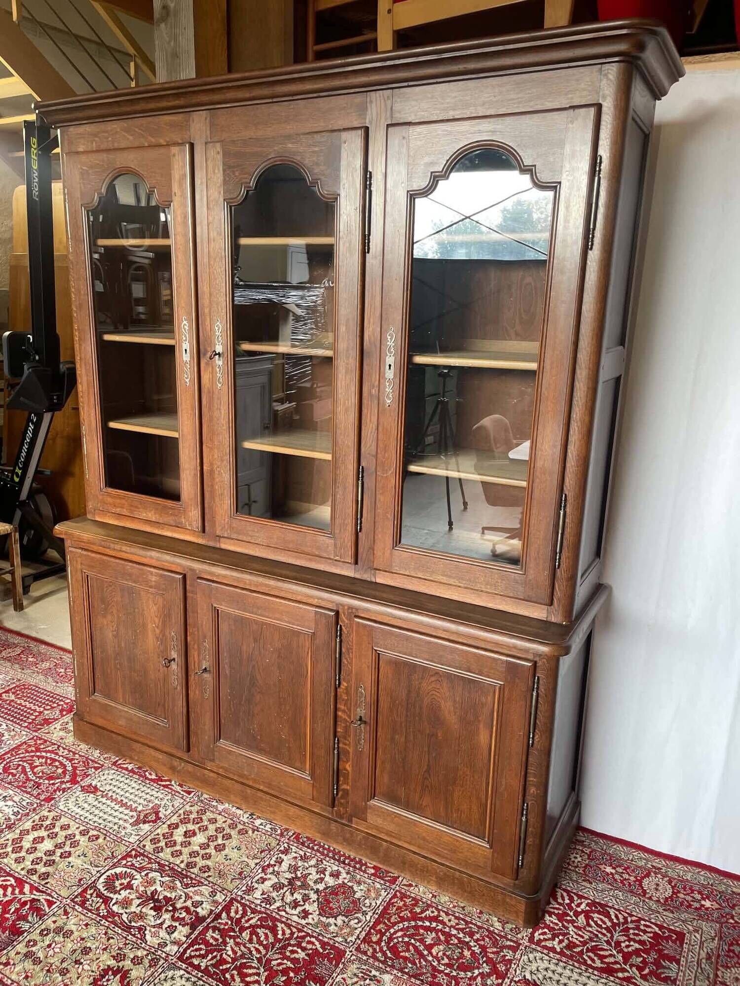 Large antique two-body library in solid oak – 3 glass doors