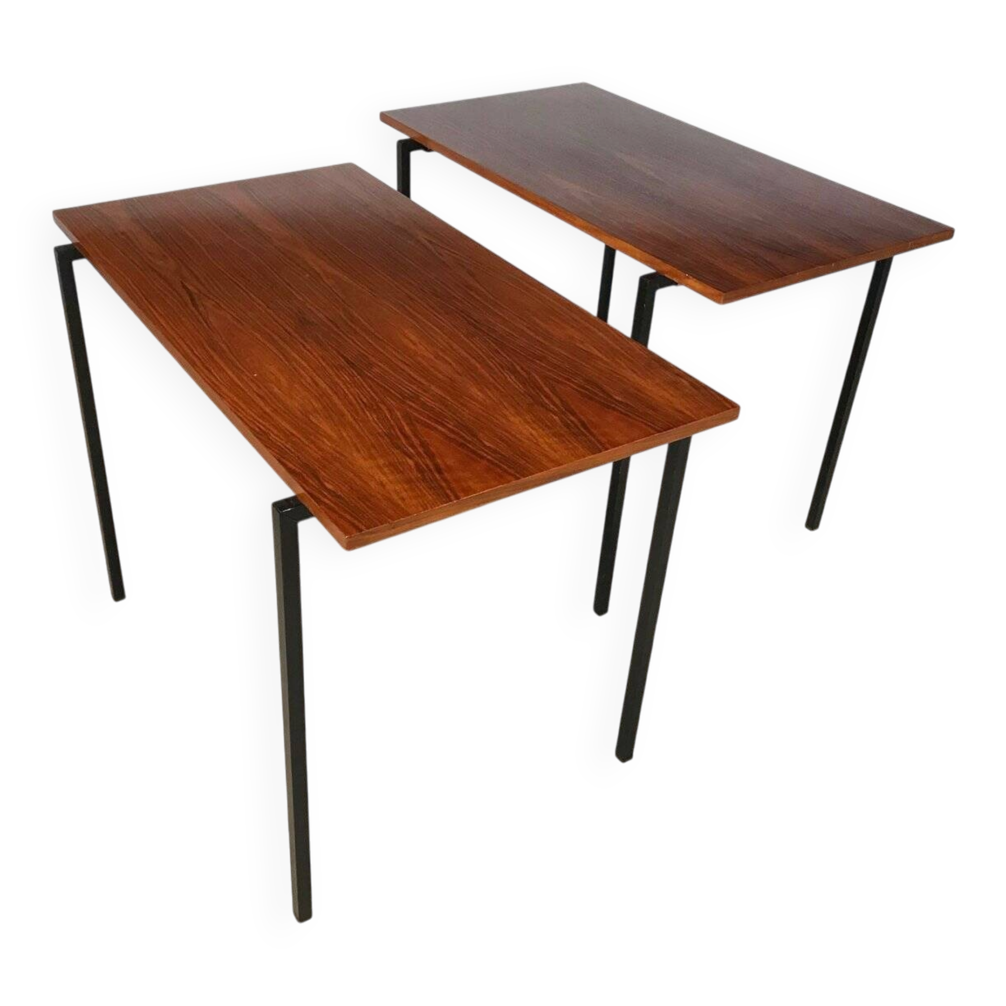 Minimalist walnut & steel stacking side tables, 1960s, Set of 2