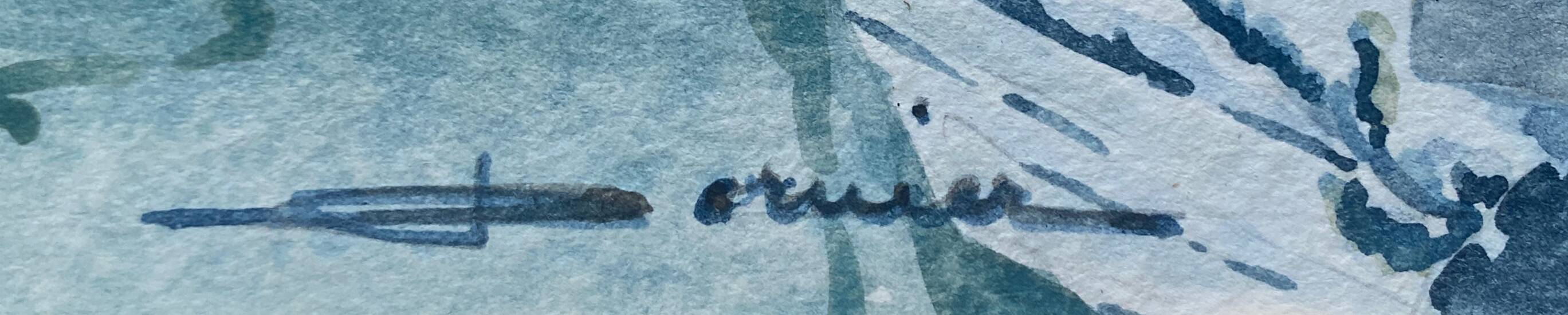 Watercolor painting signed Dornier (?) "Boats at the port of Vuaros" Spain